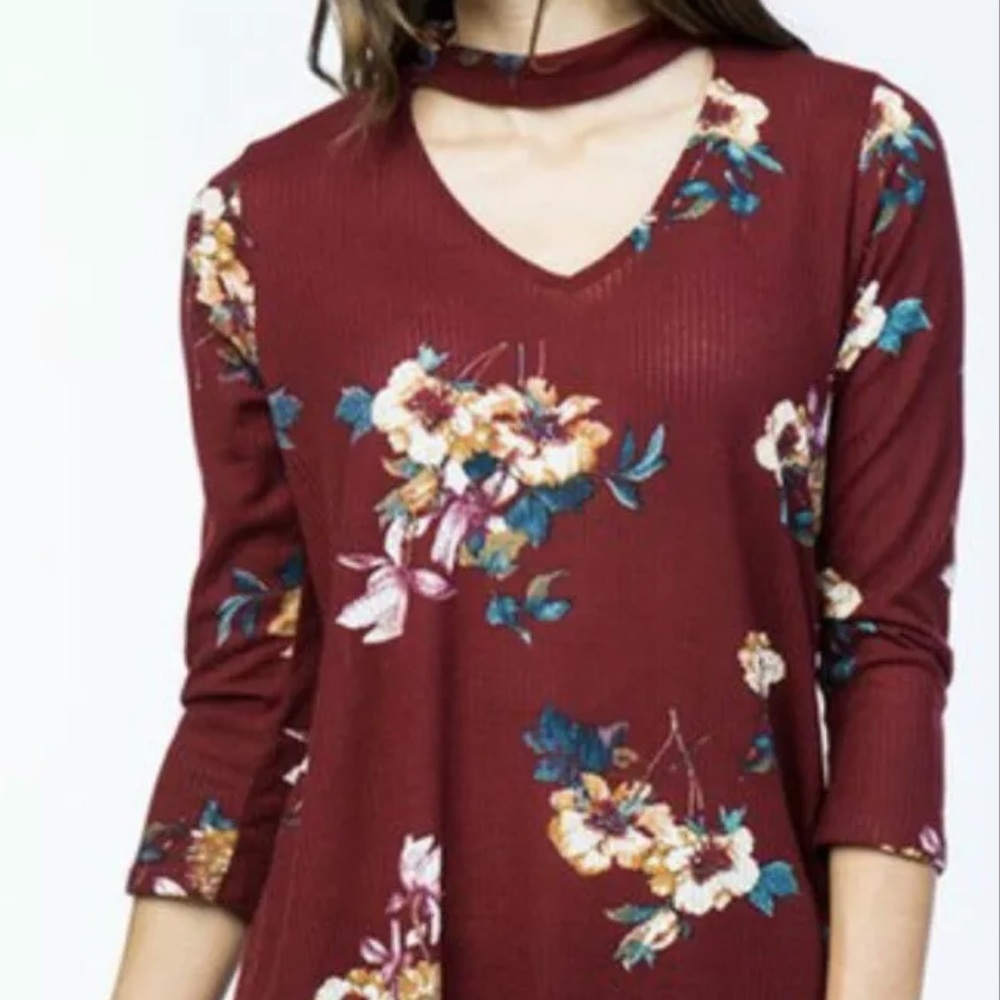 Misia Floral Chocker Cutout Waffle Tunic Top M